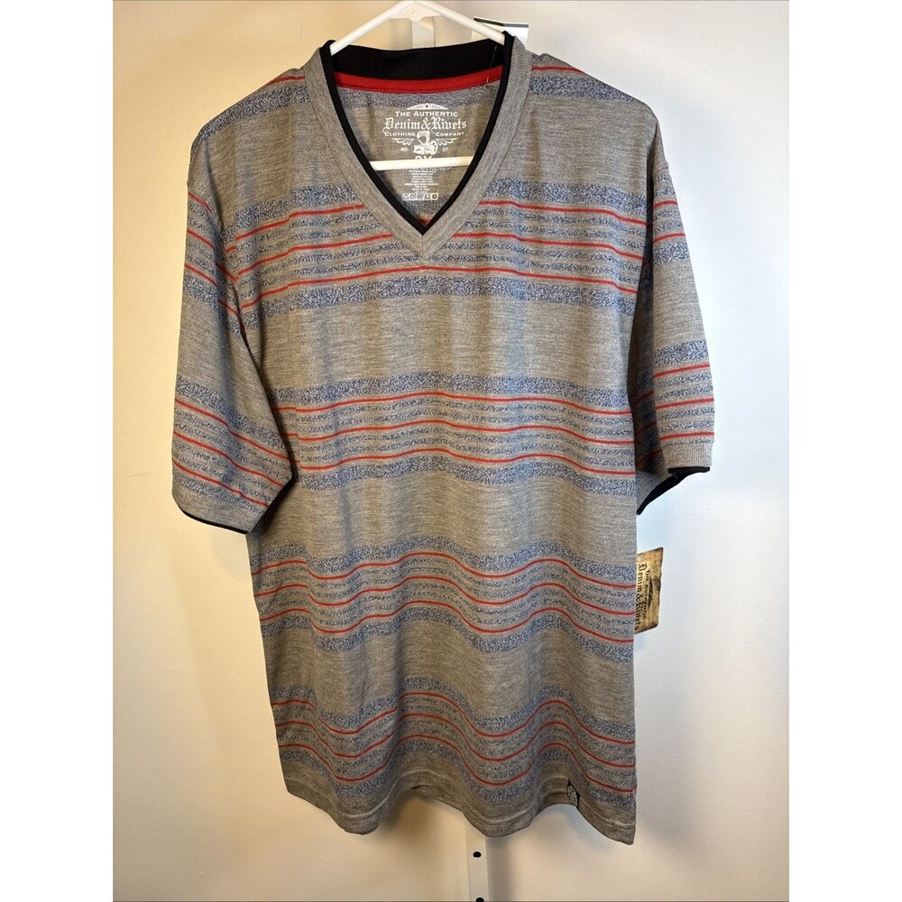 NEW Denim & Rivets T Shirt Mens 2X Striped V-Neck Casual Gray/red/Blue
